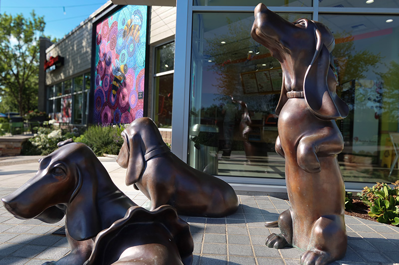 the three basset hound statues plus pollinator mural in downtown Woodinville